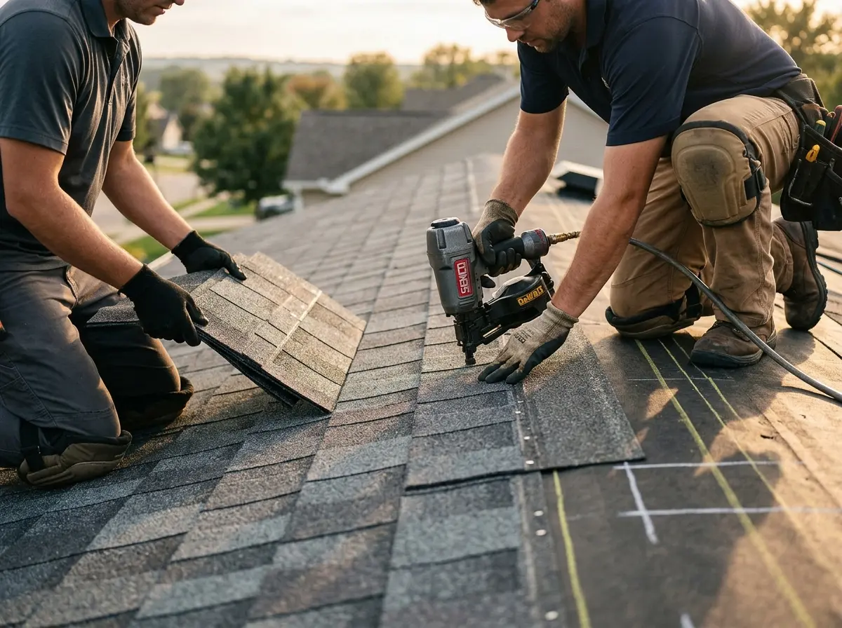 Professional roofer working on a residential roof in Powder Springs